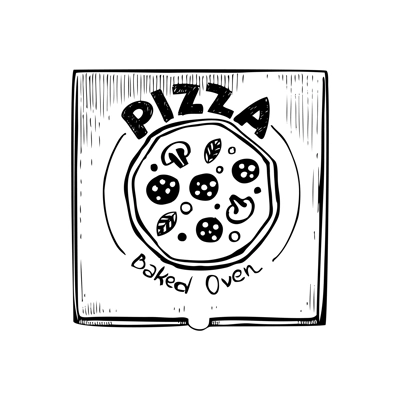 Pizza in paper box sketch. Hand-drawn vector illustration. Vintage fast food drawing. Food delivery design element. Take away box package. Italian cuisine menu design element